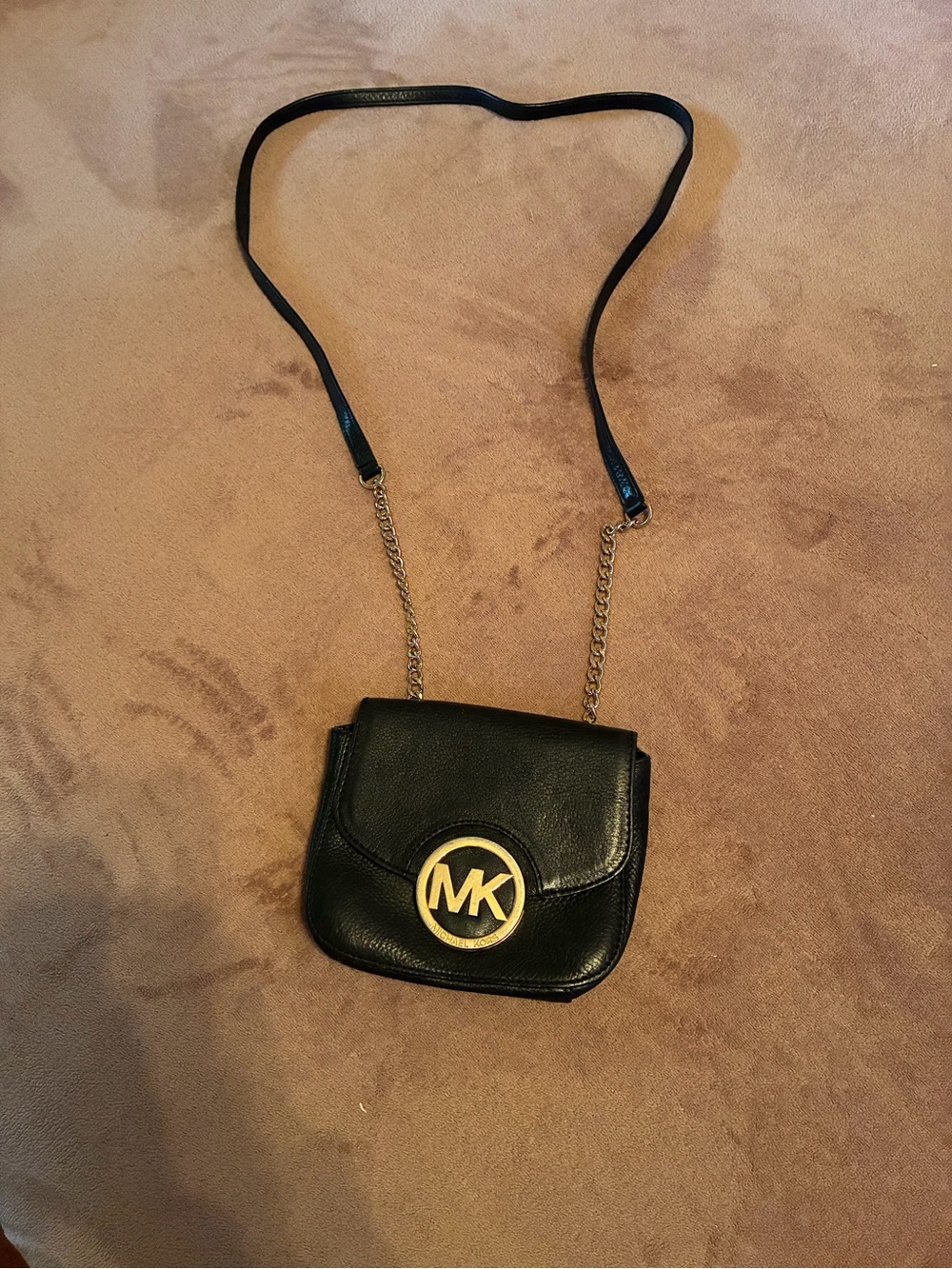 Michael Kors Black Leather Crossbody with Gold MK Medallion